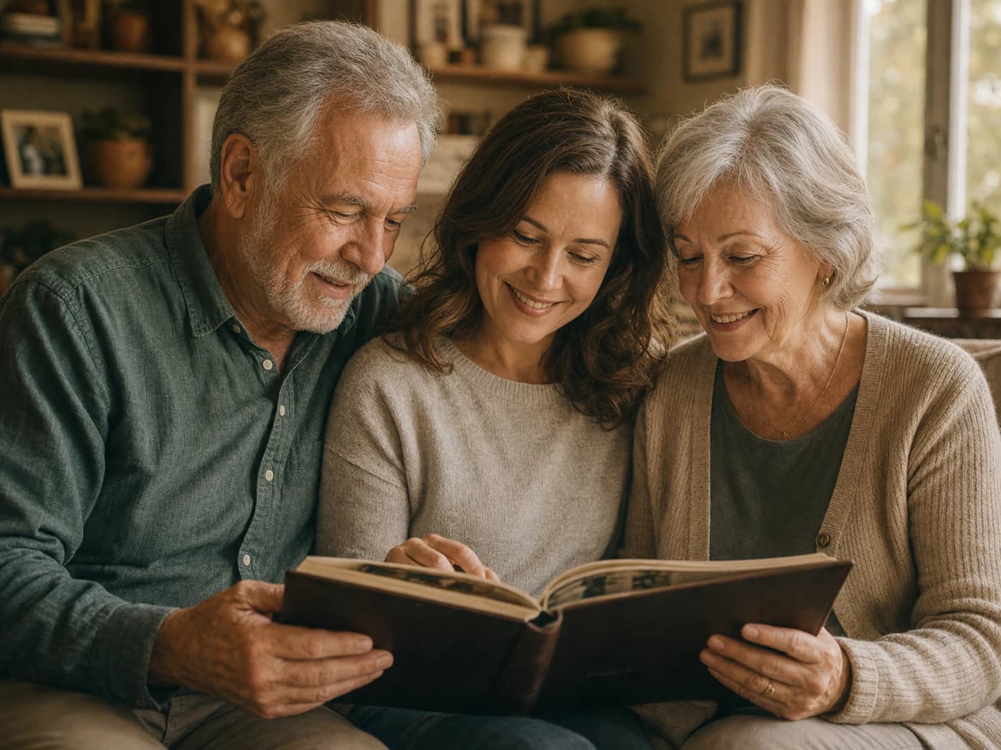 A daughter looking through a family photo album with her mother and father