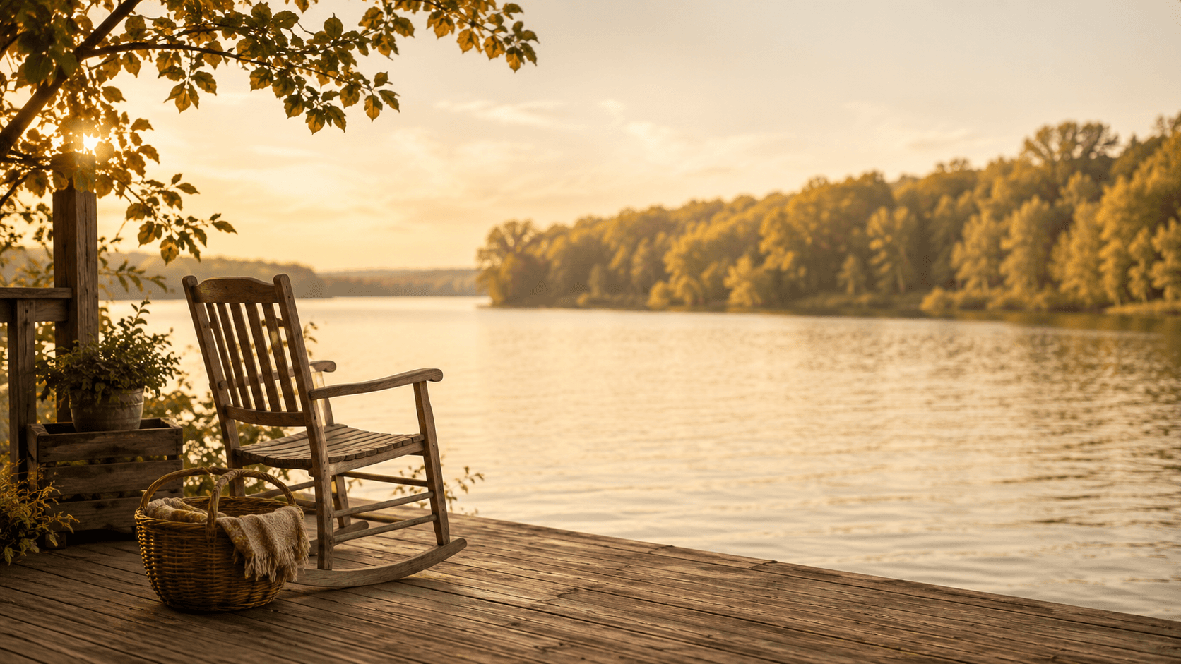 A rocking chair on a dock overlooking a calm lake at sunset