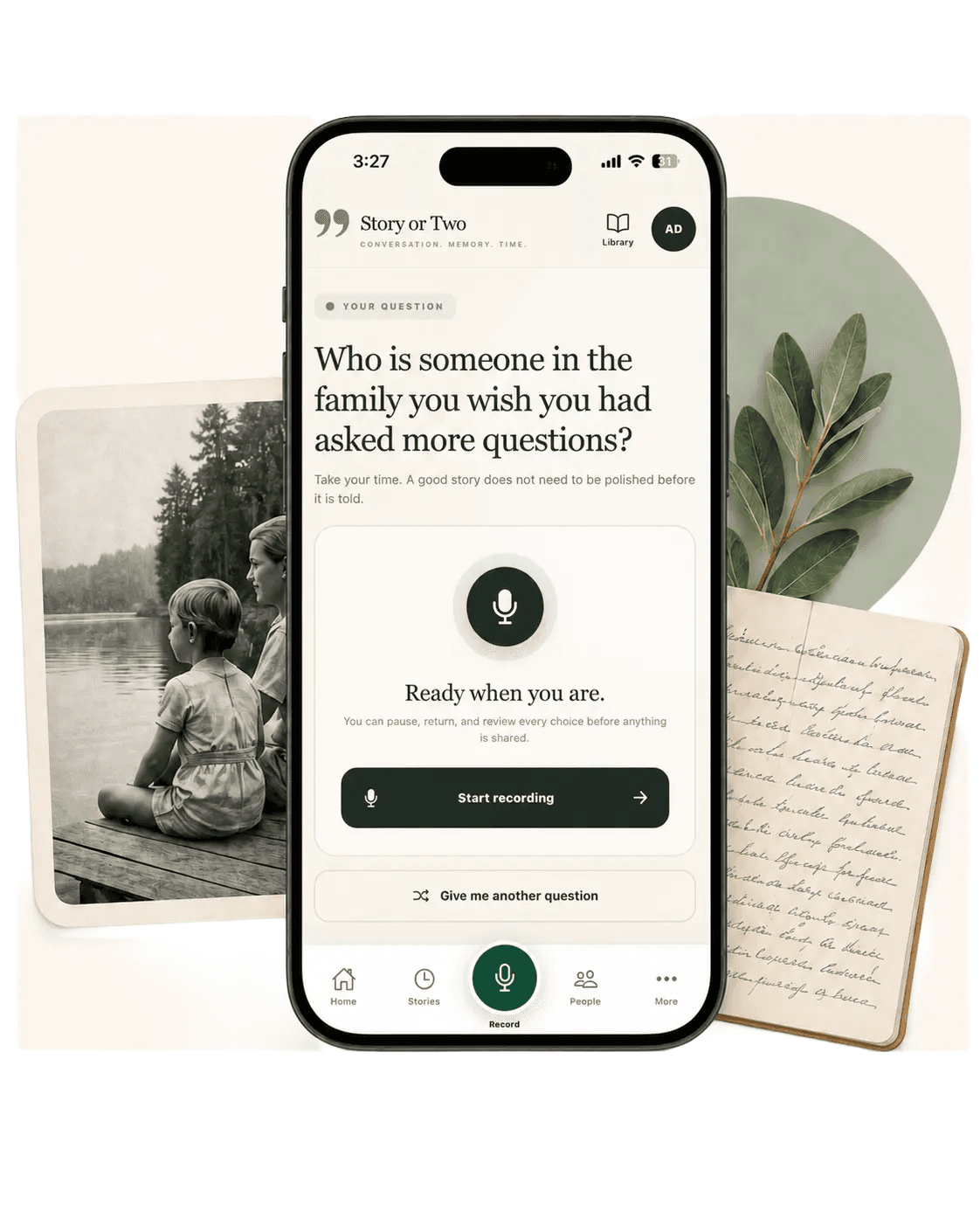 The A Story or Two app asking a gentle question, alongside an old photograph and a handwritten journal
